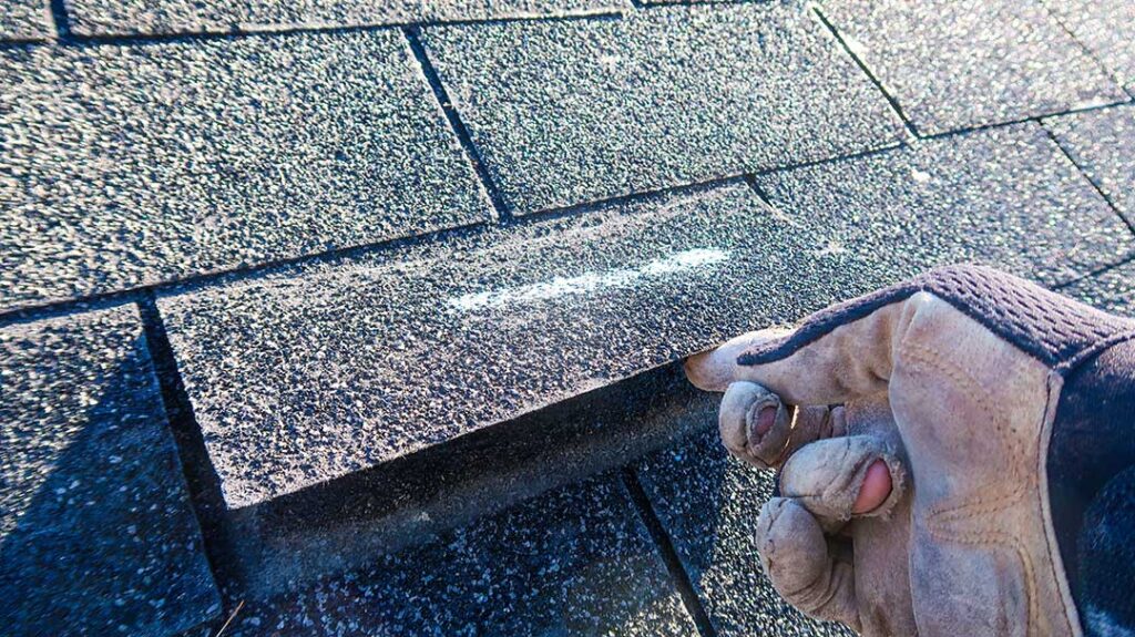 A person on a ladder cleaning leaves and debris from a residential roof with a soft brush.