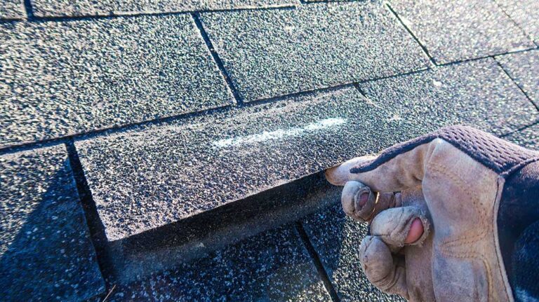 A person on a ladder cleaning leaves and debris from a residential roof with a soft brush.