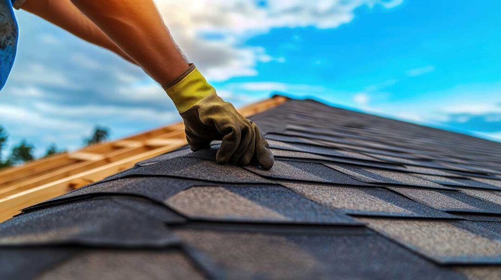 A person using binoculars to examine the condition of shingles and gutters on a suburban home.