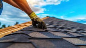 A person using binoculars to examine the condition of shingles and gutters on a suburban home.