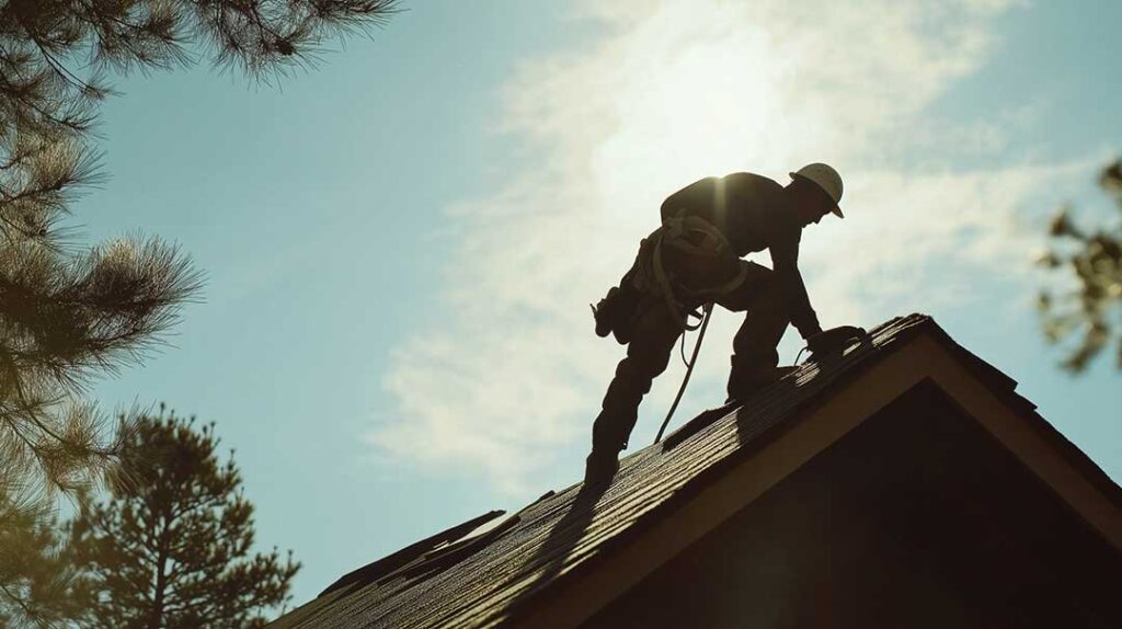 A close-up of a roof with dark streaks and patches of mold or mildew visible on the shingles.