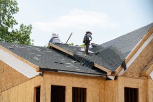 Two people standing on ladders cleaning debris from a gutter along a shingled roof in early spring.