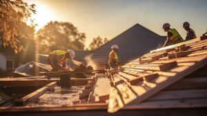 Person inspecting roof shingles and gutters beside a home before a heavy storm