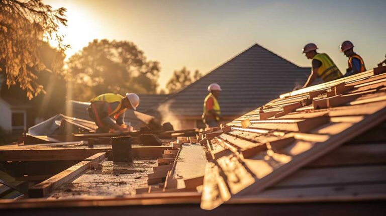 Person inspecting roof shingles and gutters beside a home before a heavy storm